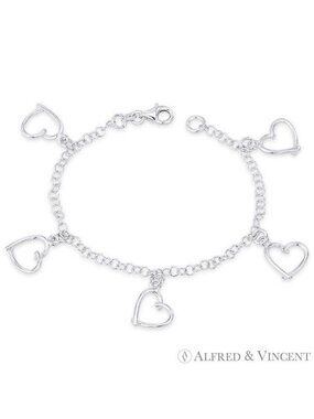 Polished Abstract Heart & Cable Chain Charm Bracelet in .925 Sterling Silver- 7"